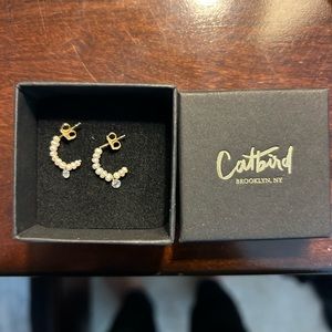 Catbird baby pearl hoops with floating diamond (Pair)